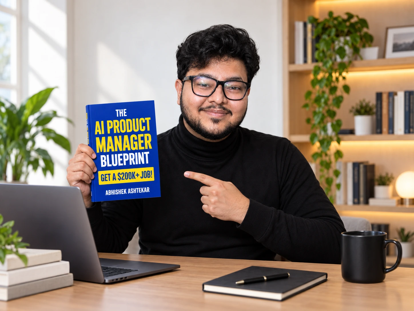 Abhishek Ashtekar at a warm writing desk holding and pointing to The AI Product Manager Blueprint