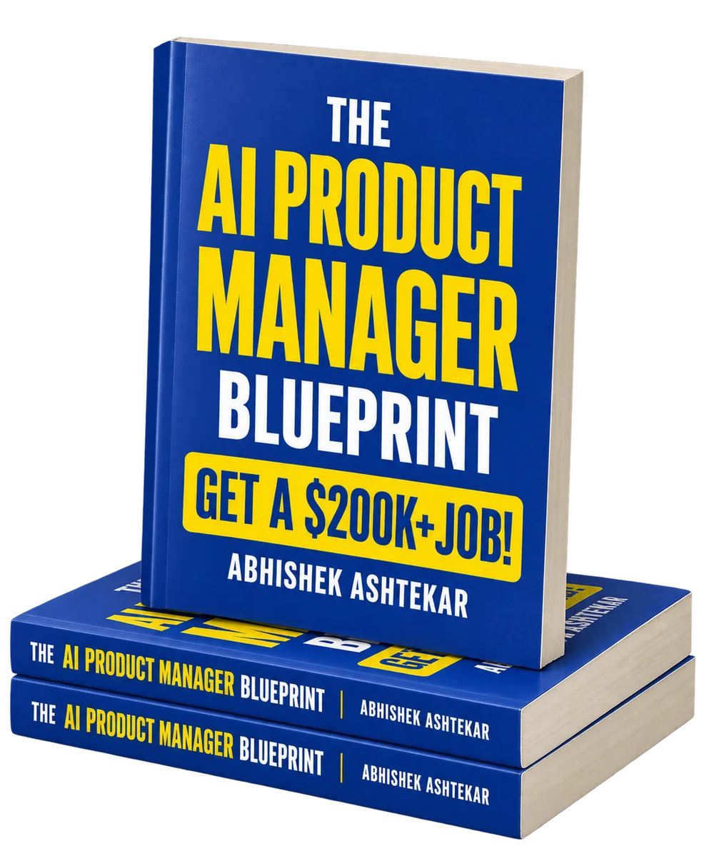 Three copies of The AI Product Manager Blueprint, one standing on a stack of two
